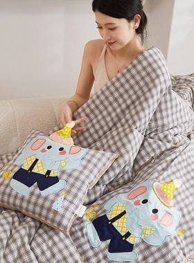 全纯棉格功子小象叠抱枕被可折四季通用睡午盖被便携NCG多能抱枕