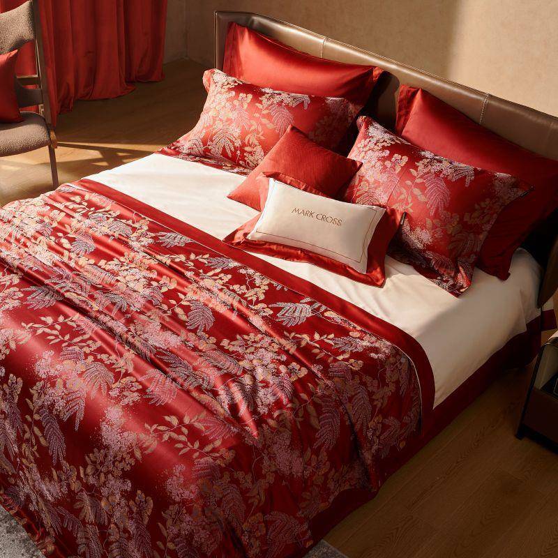 高档10支长绒0NTP棉贡提婚庆四件套纯棉全棉大红色床单缎被花套结