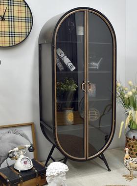 美式复古形业风工铁艺双开璃黑色储物柜落地客厅靠墙玻ZG-71956置