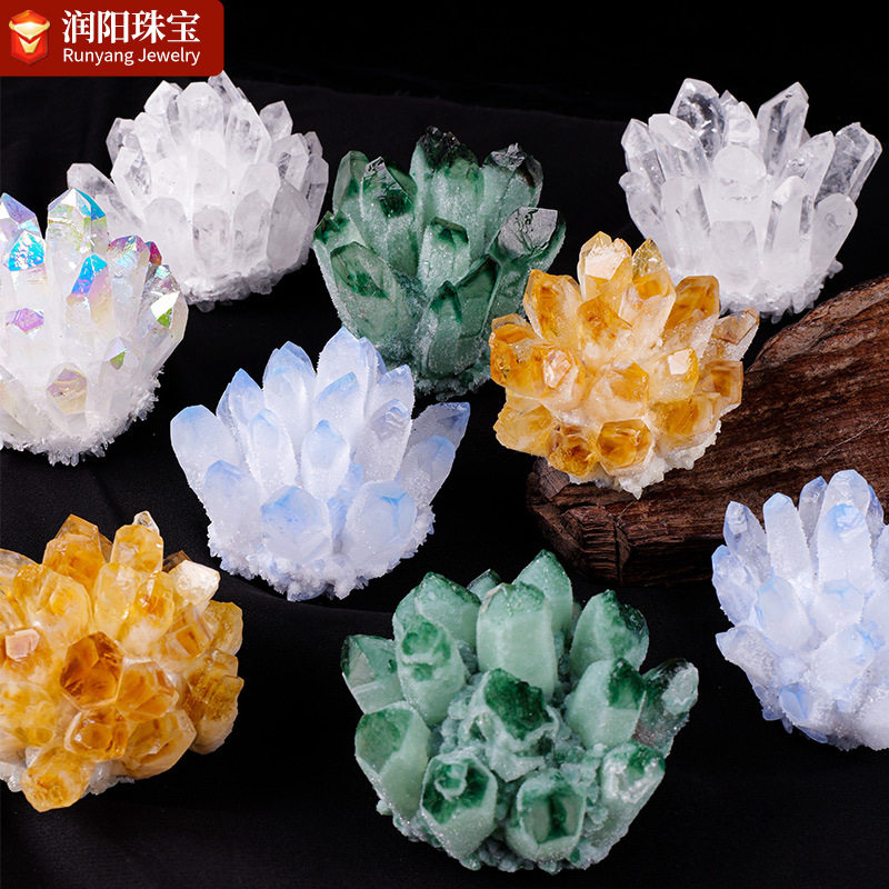 天然紫黄粉绿白水晶簇水晶原石矿物晶体消磁石扩香石矿标水晶摆件