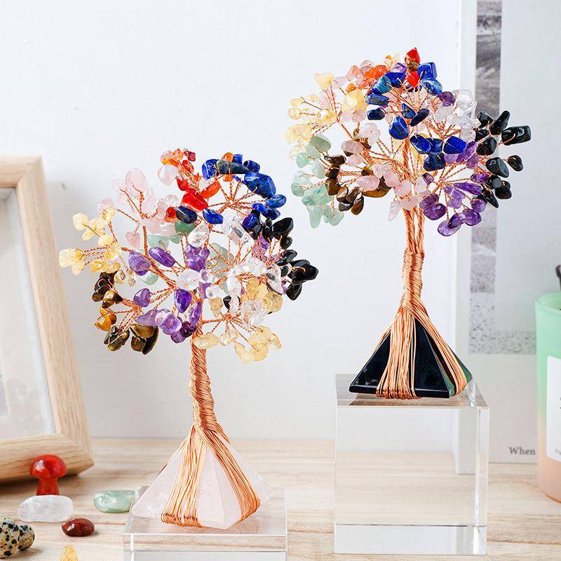 天然水晶碎石树CDP摆件紫白水晶粉金字塔七彩石碎工树家居装饰艺