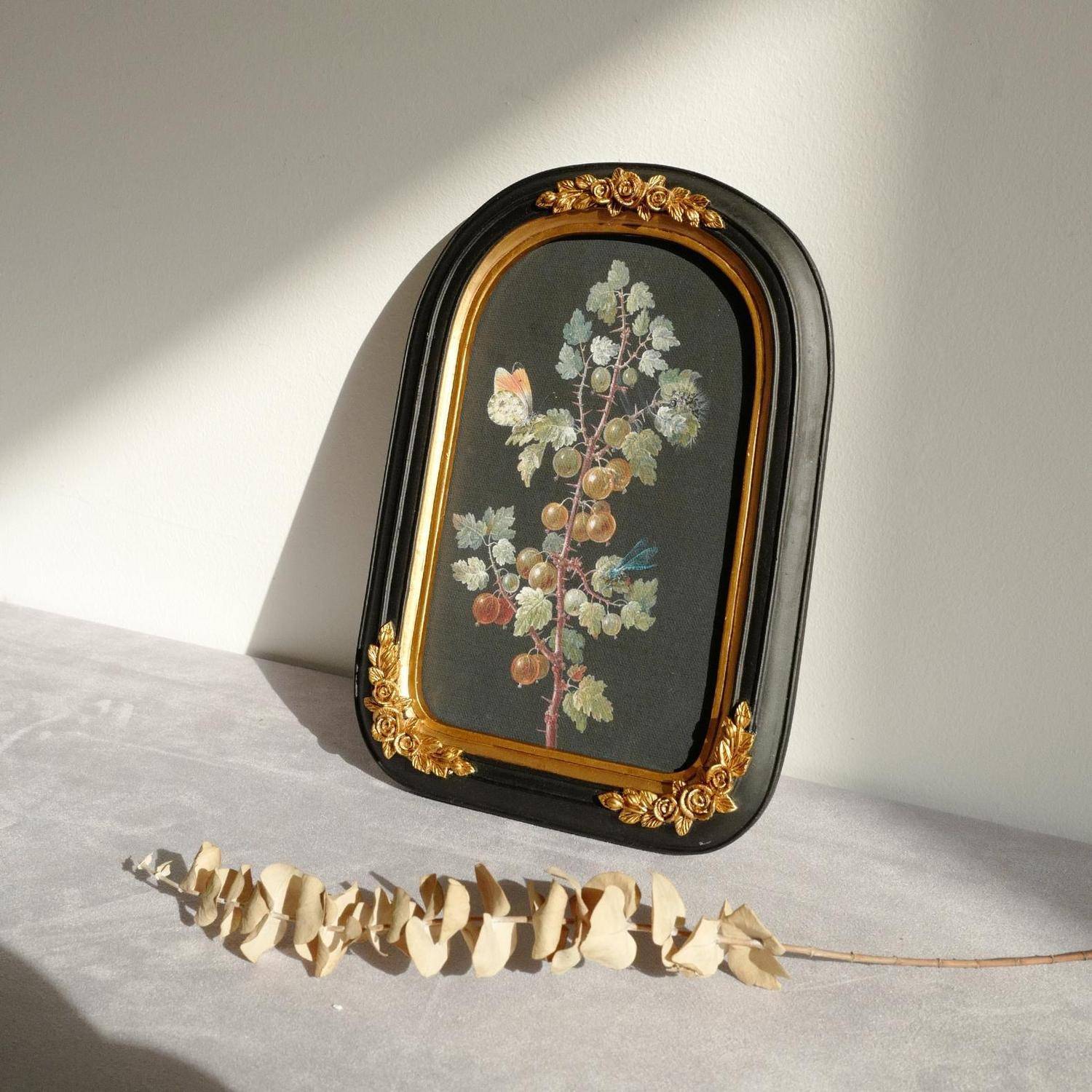 中古小众古典复古怀旧桌面摆件装饰画法式植物花卉拱形框美式挂画