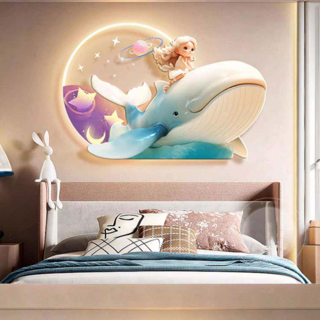 奶油风公GHM饰儿童房装光饰画鲸鱼卧室床头挂画带灯卡通客主厅壁