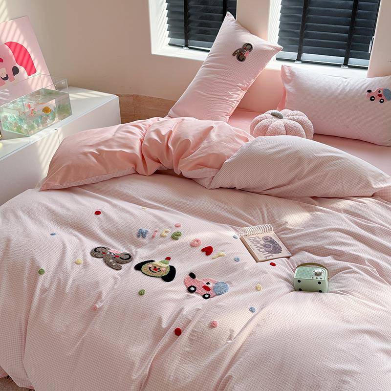 全棉水洗单宿舍床笠上三件套纯棉毛巾人绣棉床单被套床HGV款床品