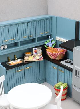 1：1景2dollh霾ous娃娃e屋厨房场模型雾蓝欧式厨房两SMJ件套