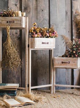 田园复古木质阶梯花架屏风隔断花器花柱插花造景婚礼道具落地摆件