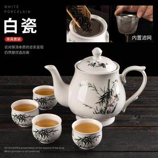 白色过滤排水流畅泡茶壶耐热凉水壶单壶家用 玉瓷中大号茶壶套装