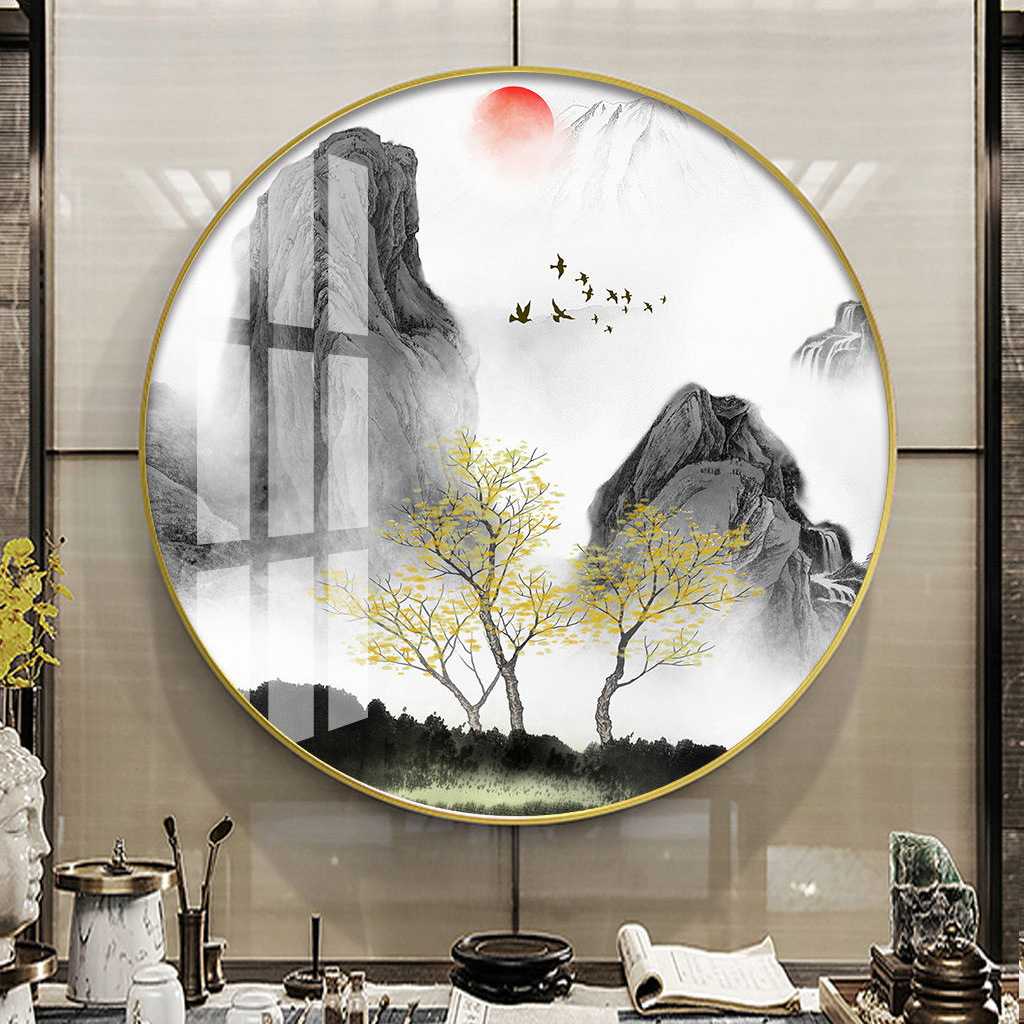 圆形装饰画新中式现代山水禅意玄关水墨风抽象沙发背景墙茶室挂画图片