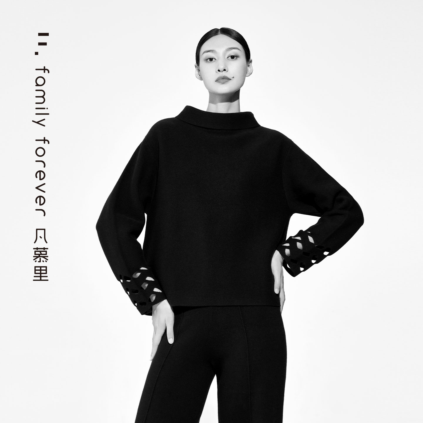 【小山羊绒】女士黑色船型立领廓形衫