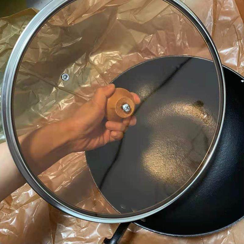 棕色钢化玻璃锅盖不锈钢边缘琥珀高端木柄