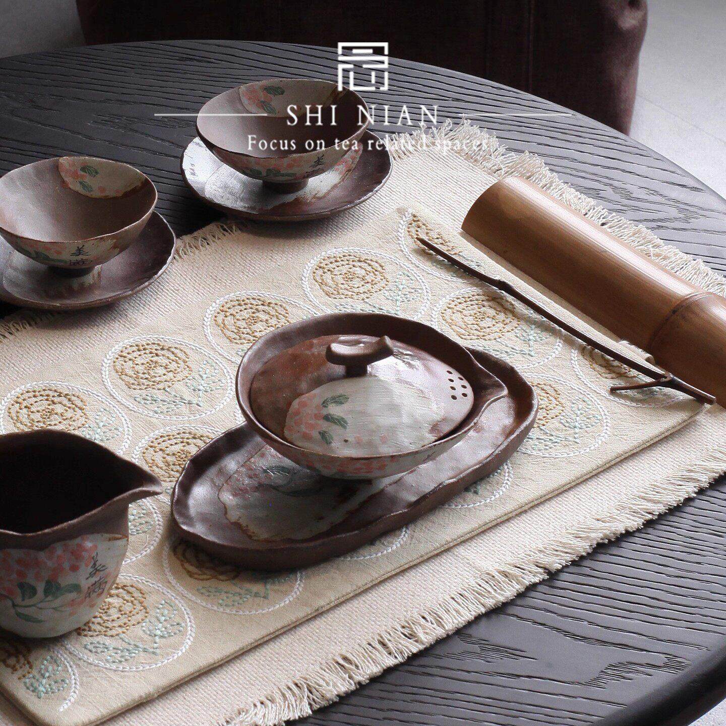 柴烧粗陶茶具飞碟盖碗手绘美满盖碗陶瓷泡茶器个性粉引茶碗手抓壶
