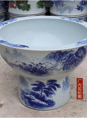 景德镇陶瓷大缸金鱼荷花缸特大号庭院风水招财手绘青花立柱鱼缸盆