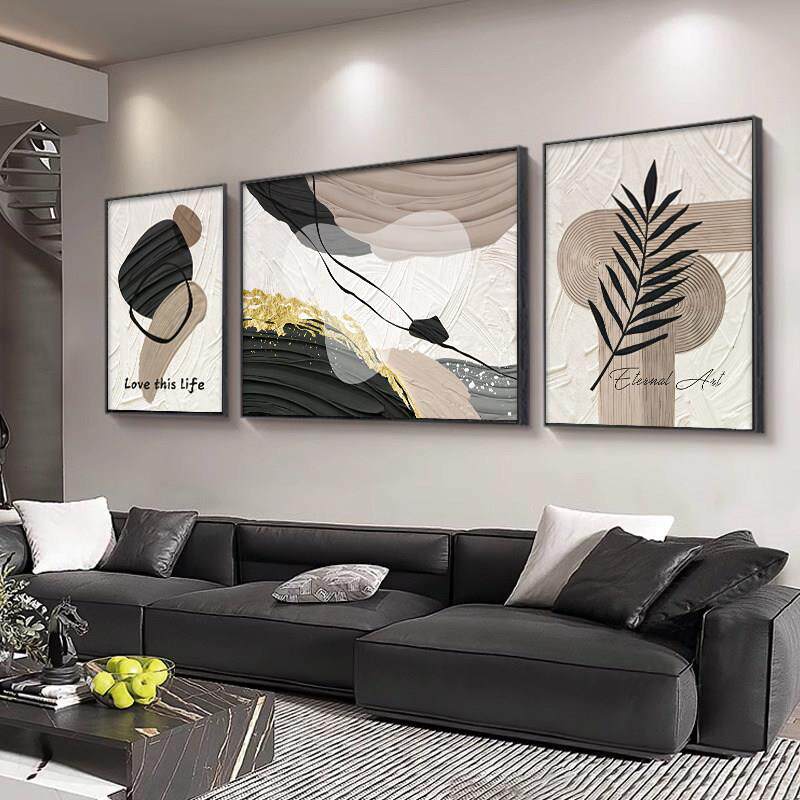 简约黑白灰壁画高级感客厅沙发背景墙装饰画现代抽象艺术三联挂画