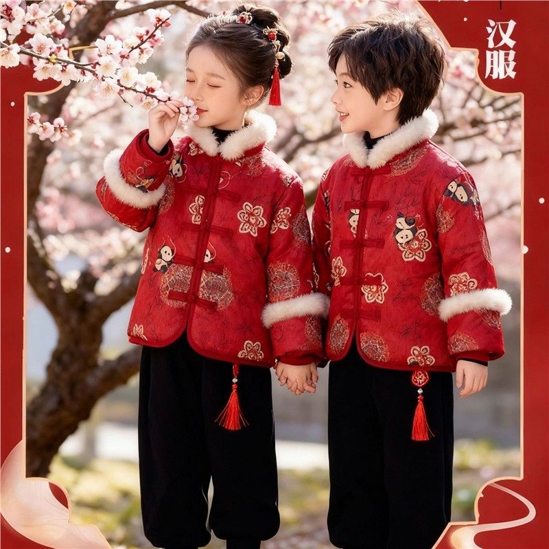 儿童拜年服冬季加厚棉服套装国风男女童汉服喜庆过年服宝新年唐装