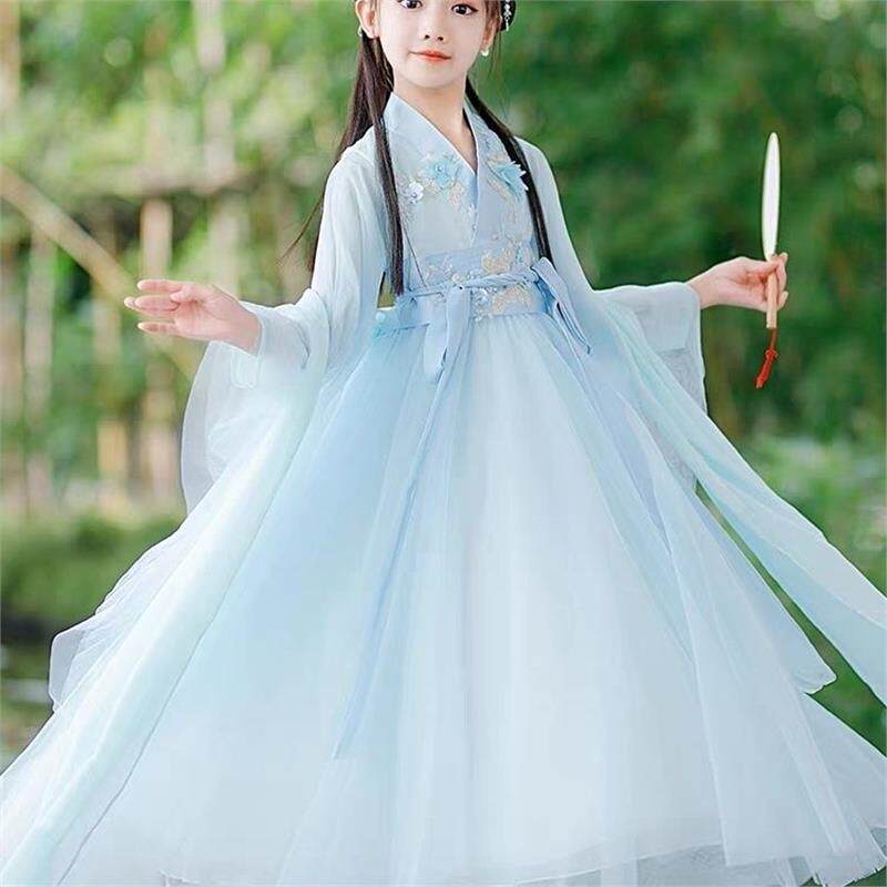 女童汉服新款超仙交领纱裙古装飘逸春秋唐装表演古风中国连衣裙
