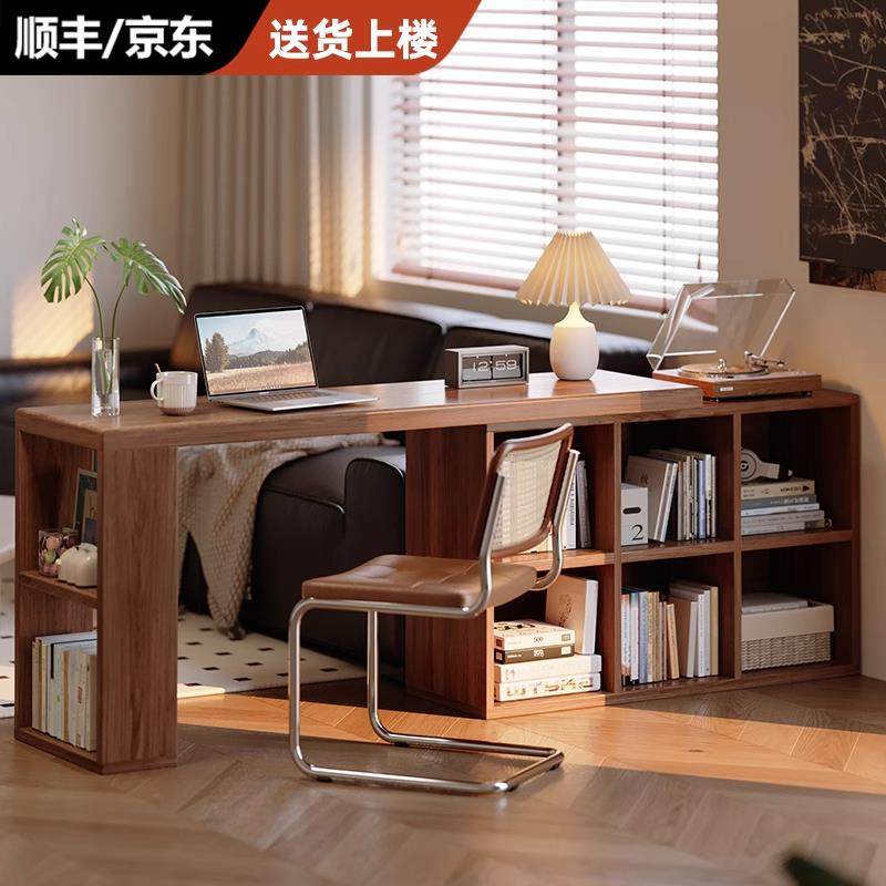 实木书桌书柜一体靠墙可伸缩隔断吧台桌去客厅化电脑桌长条学习桌