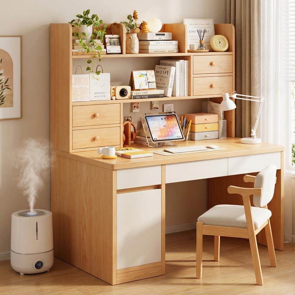 书桌书架一体学生家用简易实木学习写字桌2025新款卧室带抽办公桌