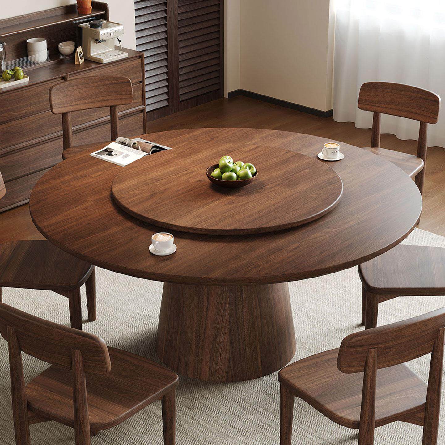 中古风圆桌胡桃木原木餐桌椅子实木家用桌吃饭桌子实木转盘饭桌