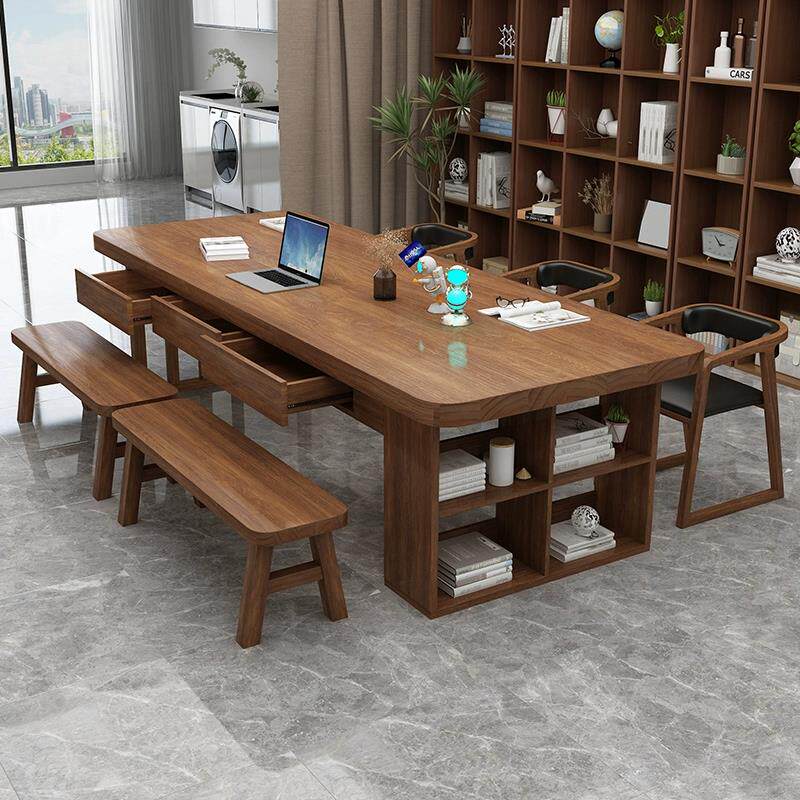 实木书桌书柜一体去客厅化北欧带抽屉学习阅读办公桌工作台长桌子
