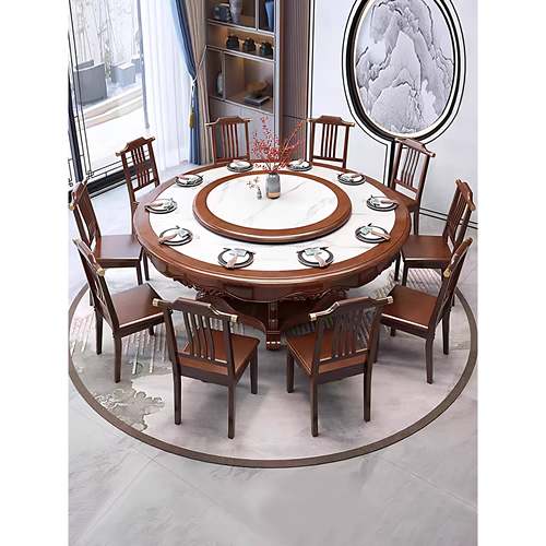 新中式加厚岩板餐桌椅组合家用吃饭桌子实木带转盘圆形餐桌家用