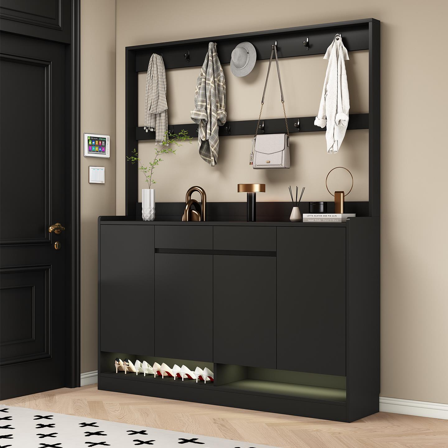 实木鞋柜高级黑色带衣架家用门口入户玄关柜一体衣帽架新款收纳柜