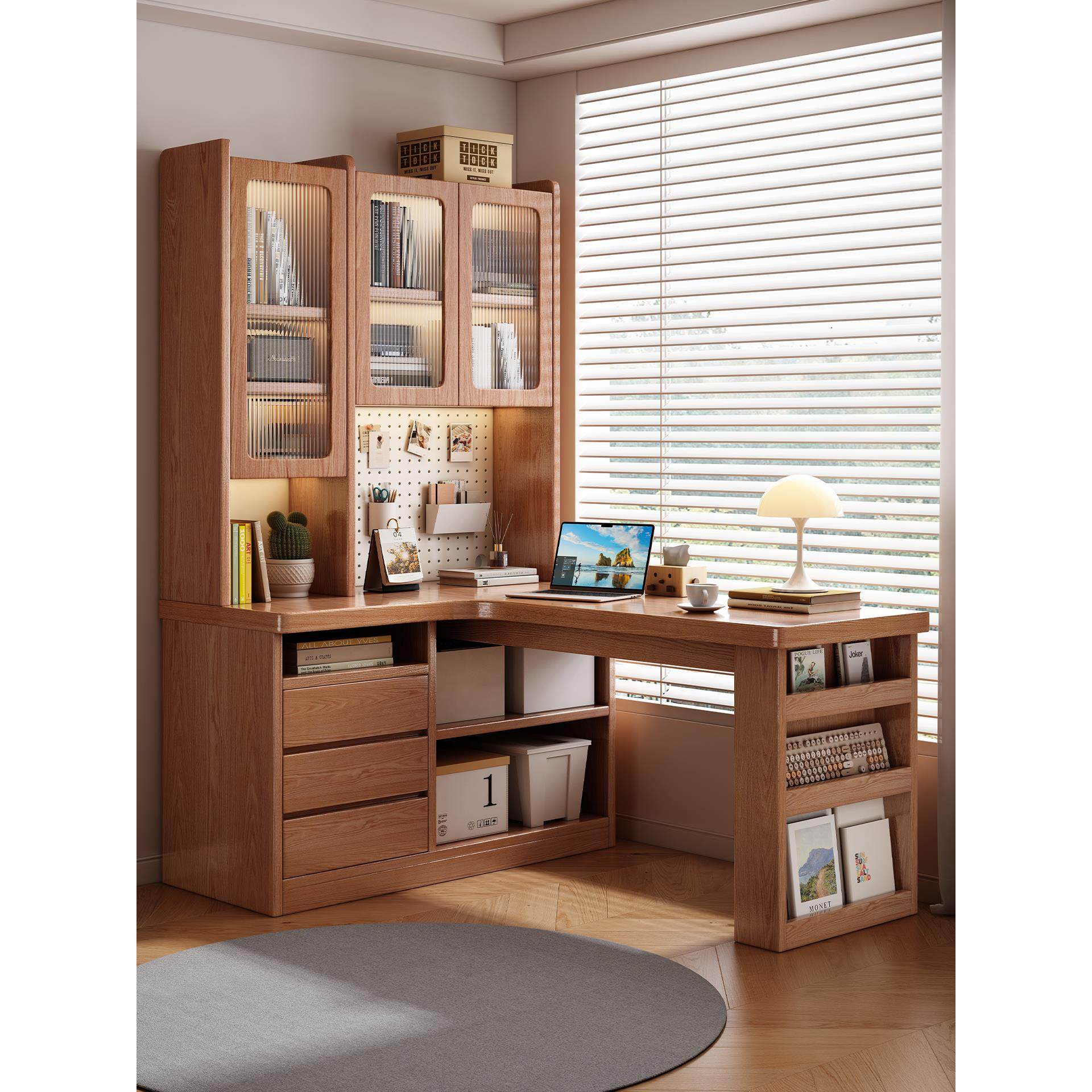 实木转角书桌书架一体桌拐角初中生学习桌带书柜2025新款电脑桌子