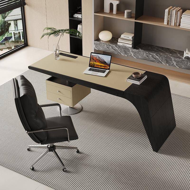 意式极简书桌轻奢现代书房台式电脑桌家用马鞍皮写字工作台办公桌
