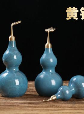 黄铜蓝韵葫芦开盖空心装朱砂客厅福禄工艺品摆件八卦五帝钱对门纯