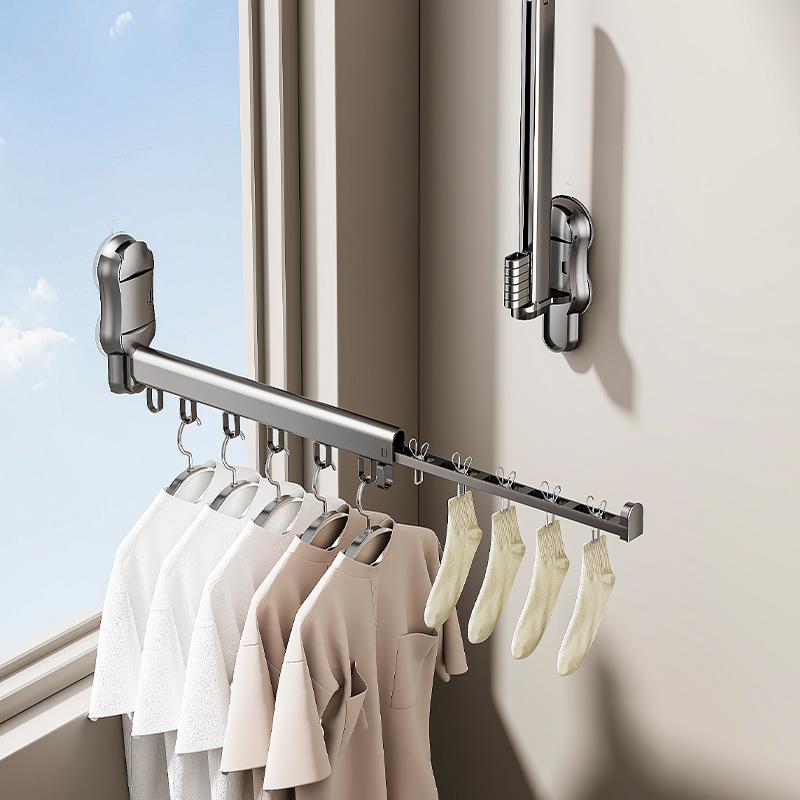 四季沐歌吸盘式晾衣架阳台玻璃强力吸附折叠伸缩铝合金晾衣杆晒衣