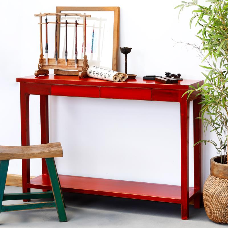 古朴彩漆玄关桌实木条几柜储物案台置物架现代中式简约靠墙窄边桌