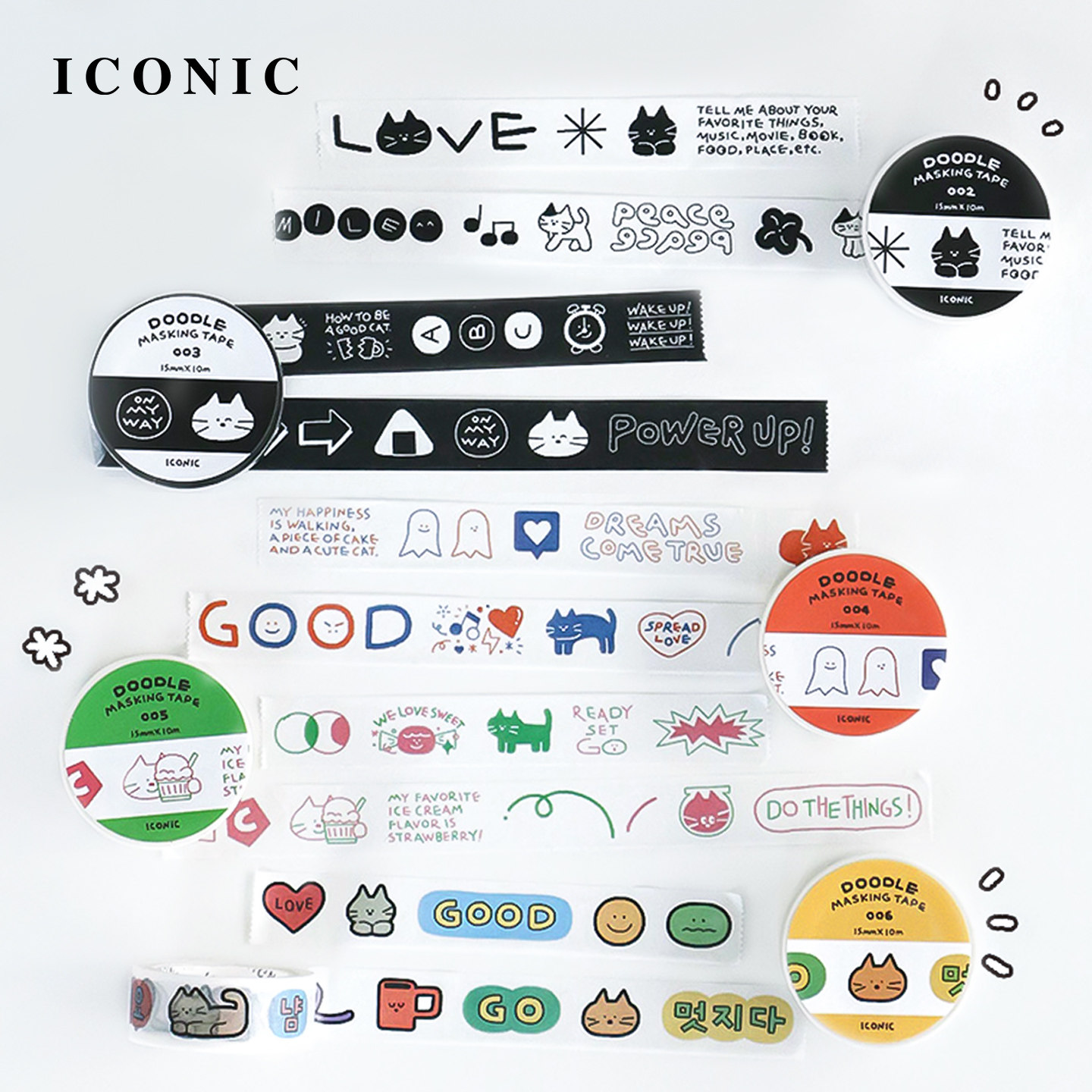 韩国ICONIC手绘涂鸦风手帐装饰胶带手工相册贺卡创意DIY贴纸15mm&times;10m学生可爱印花