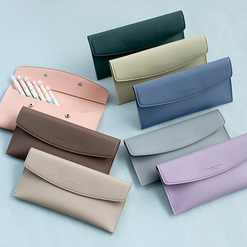 韩国ICONIC纯色合成皮革按扣式扁平款大容量笔袋文具收纳包钱包化妆包时尚简约轻薄便携学生商务白领女