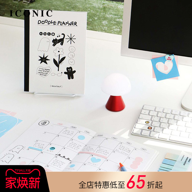 韩国ICONIC DOODLE手绘涂鸦插画主题自填日期月计划手帐日程管理笔记本A5变型尺寸PVC保护封皮轻薄便携顺滑