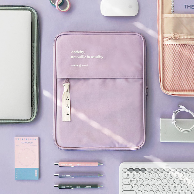 韩国ICONIC棉布材质13寸笔记本电脑内胆包A4尺寸多用途文件收纳包纯色鼠标电源充电器硬盘大开口拉链可平摊女