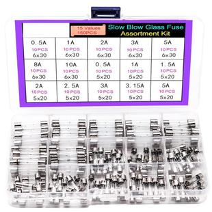 15Values150个慢吹玻璃保险丝组合套件6x300.5A 10A5X200.5