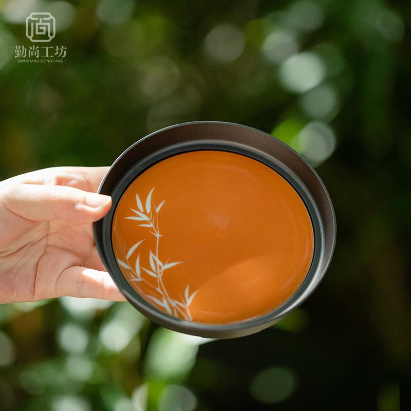 矾红留白竹影壶承复古陶瓷养壶垫干泡台盖碗底托功夫茶具茶承果盘