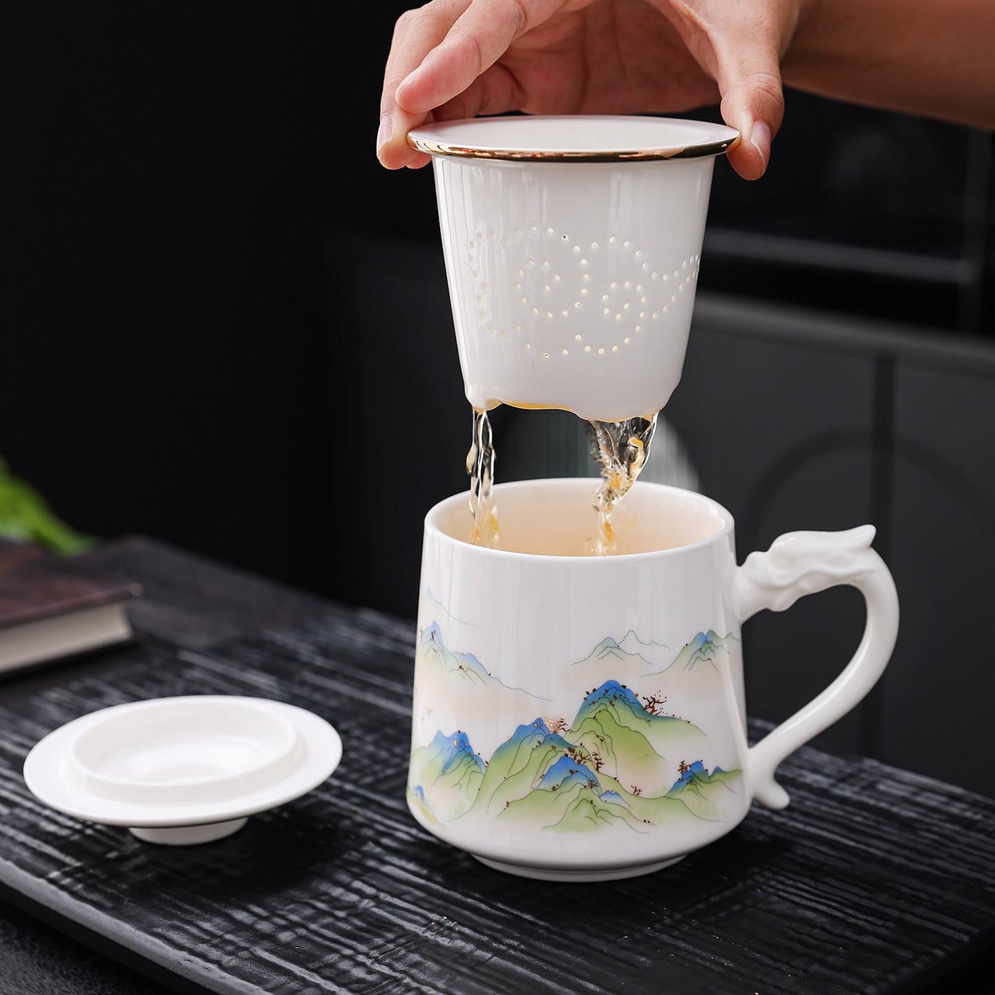家用喝水杯定制陶瓷杯刻字送礼高档羊脂玉白瓷茶水分离办公泡茶杯