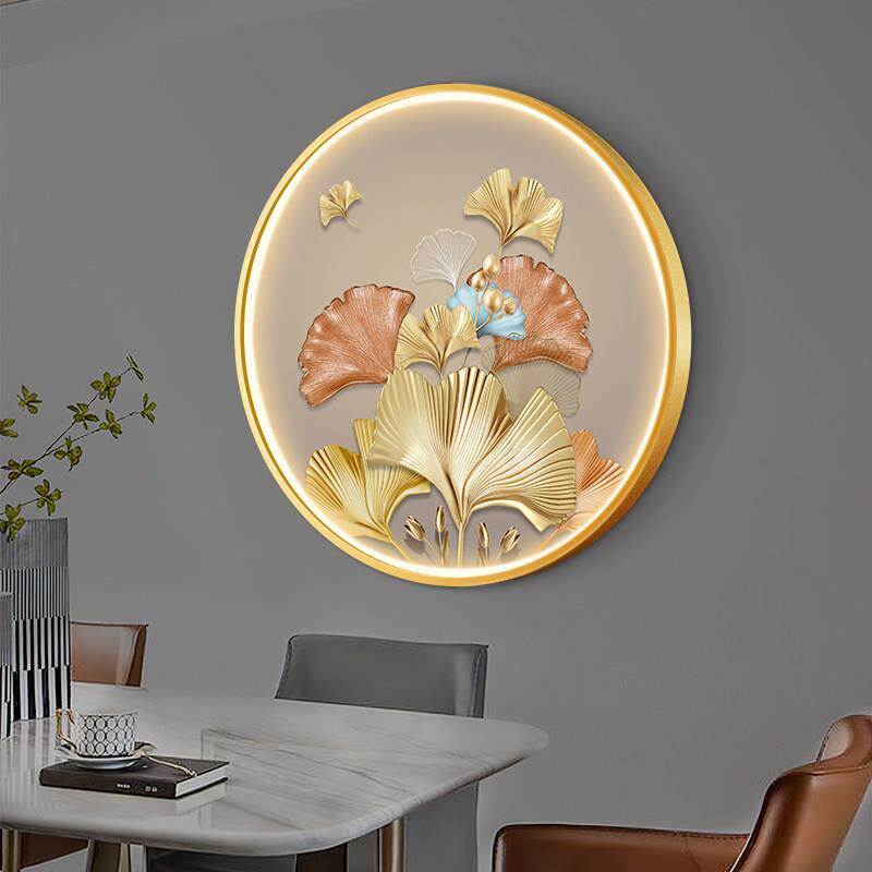 网红银杏叶玄关装饰画轻风格灯画圆廊形餐厅墙面壁画入户奢走过道