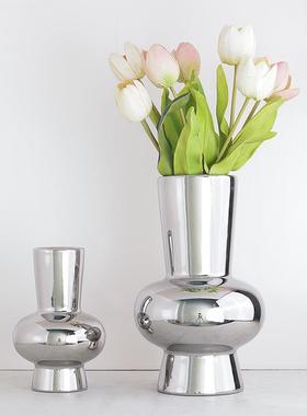 现代轻奢银色电镀陶瓷花瓶摆件客厅餐桌茶几样板房插花家居装饰品