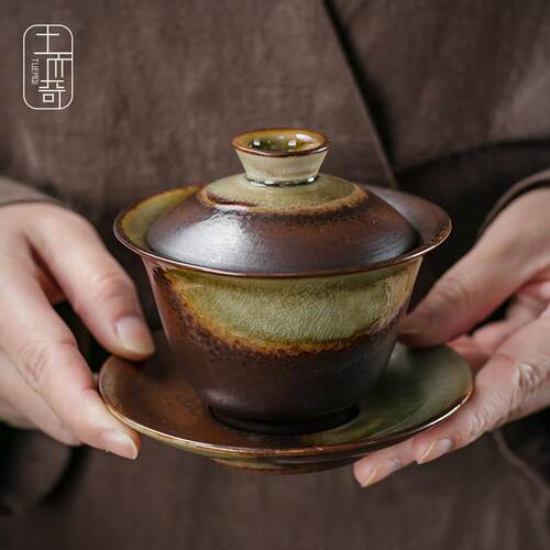 功夫茶具景德镇手绘中式柴烧窑变大号陶瓷三才盖碗单个手抓泡茶杯