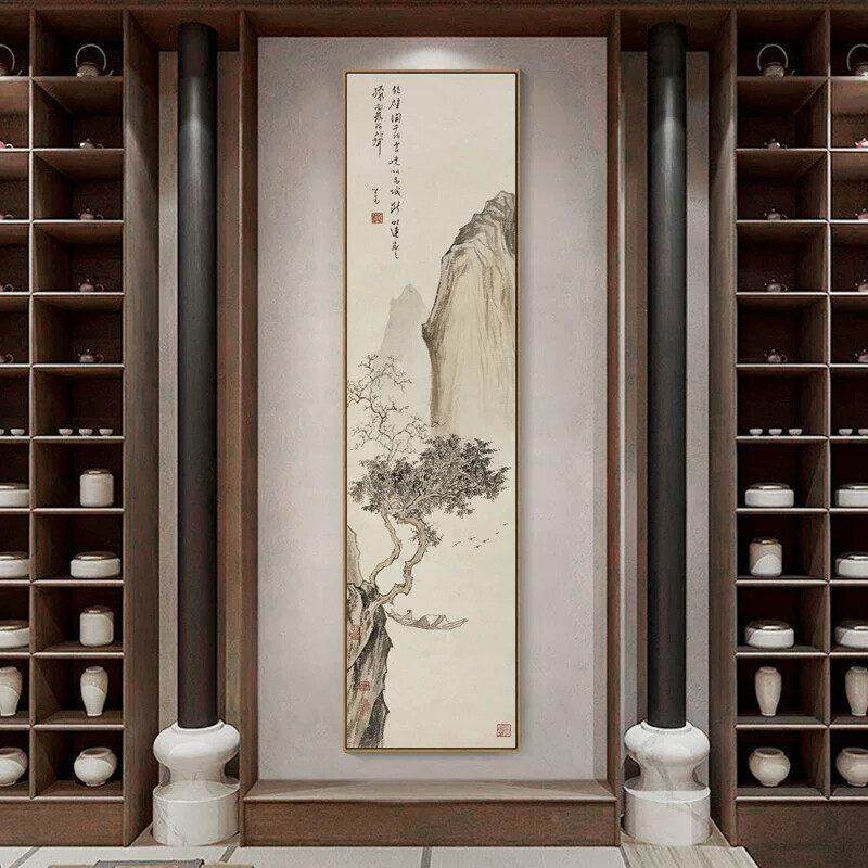 新中式山水画玄关竖版长条国画客厅过道挂画书房茶室装饰画古代画