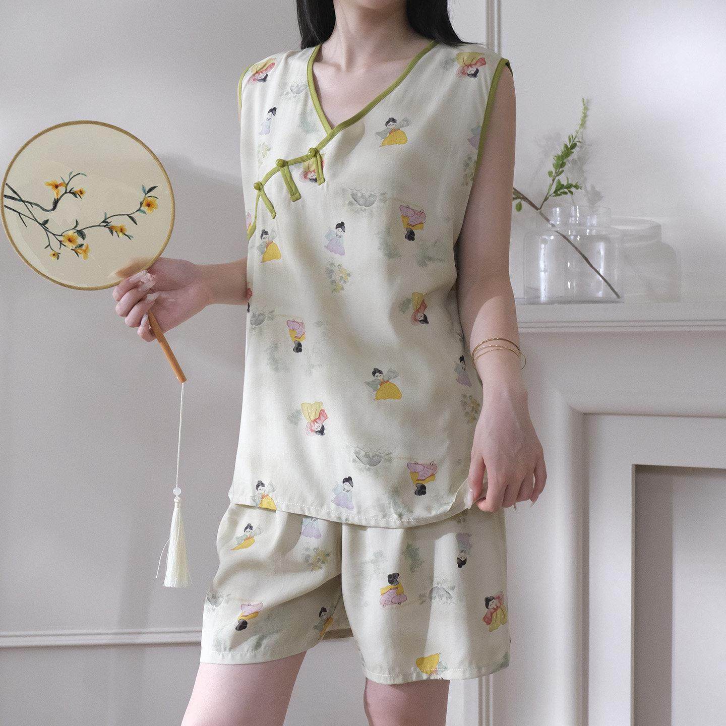 新中式国风覆古棉绸睡衣女夏薄款背心短裤可外穿家居服人造棉套装,女士内衣/男士内衣/家居服,睡衣/家居服套装,淘宝优惠券,粉丝福利购,淘宝优惠卷