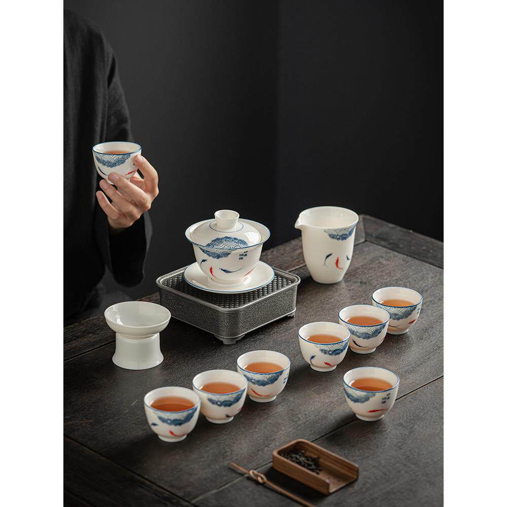 羊脂玉白瓷功夫茶具悬停盖碗家用陶瓷喝泡茶客厅轻奢高档礼盒套装