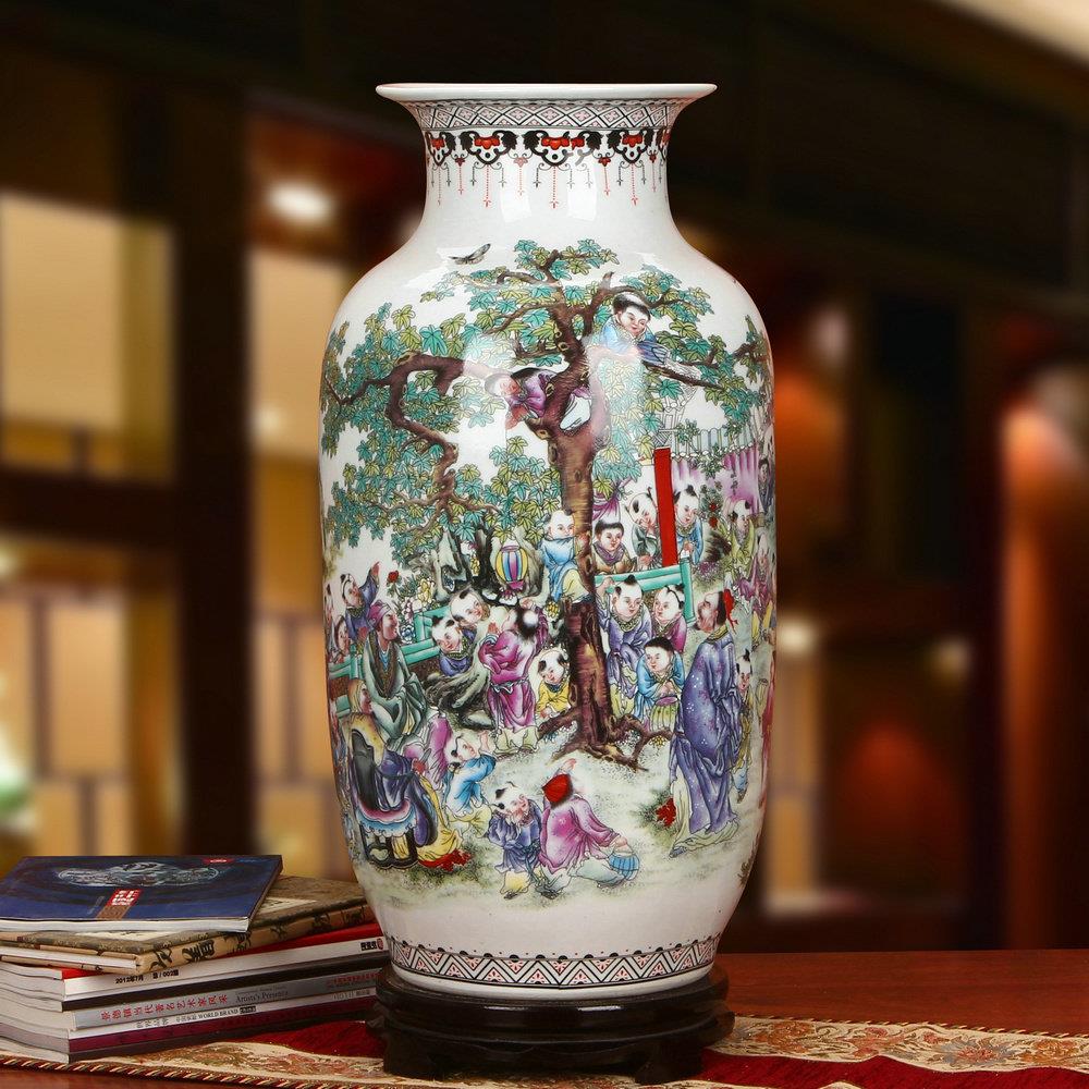 景德镇粉彩冬瓜大口花瓶百子图中式家居彷古陶瓷器落地插花摆件