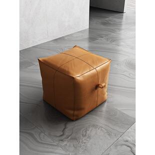 意式北欧网红卧室梳妆凳真皮方凳头层牛皮沙发脚踏客厅换鞋矮圆墩