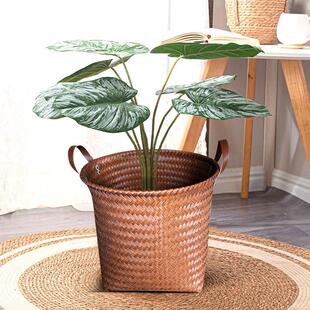 北欧简约仿藤编花盆编织花篮落地大花盆升级PU提手龟背柱植物装饰