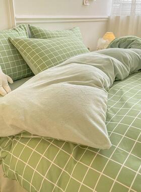 日式ins绿色格子单面绒四件套AB面牛奶绒法兰绒单件被套床单床品4