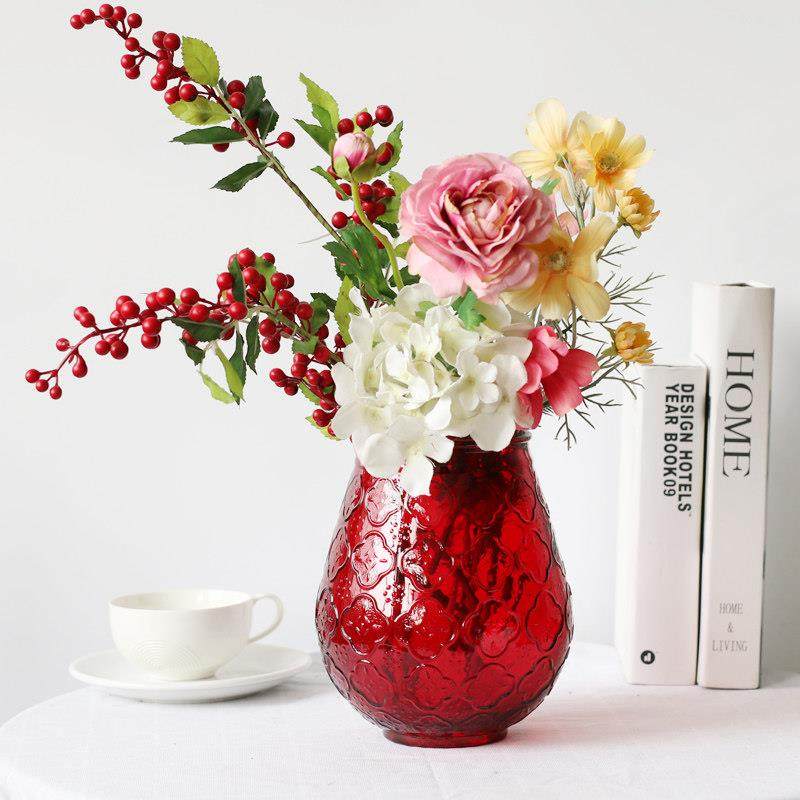 大红色玻璃花瓶复古海棠花图案大肚瓶新婚喜庆摆件客厅装饰插花器,家居饰品,花瓶,淘宝优惠券,粉丝福利购,淘宝优惠卷