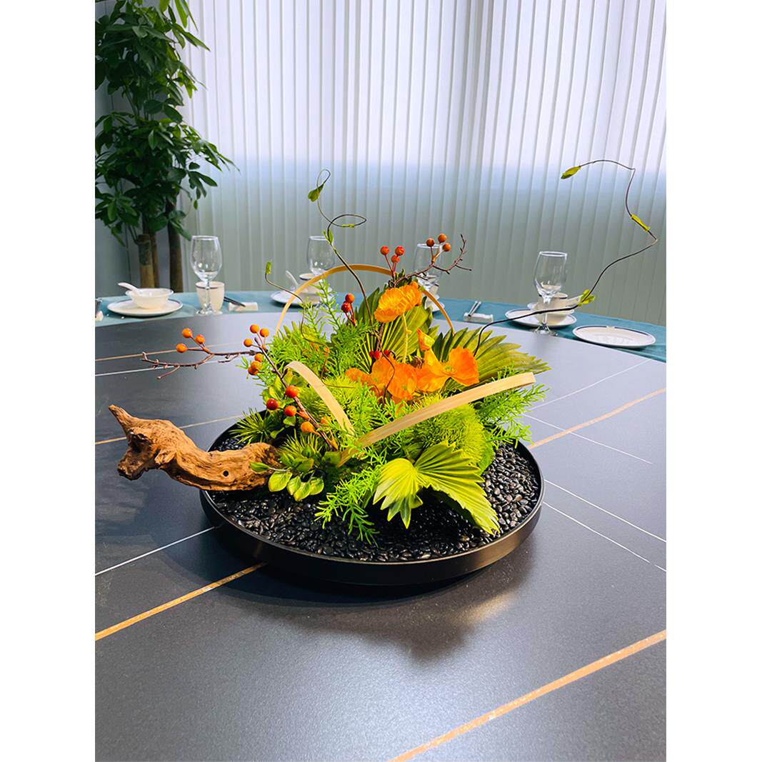酒店圆桌转盘仿真花餐桌花摆花高端轻奢中间摆件装饰花创意茶桌花