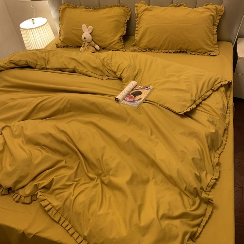 日式姜黄纯色花边四件套2m民宿风简约双人床单床笠被罩宿舍三件套